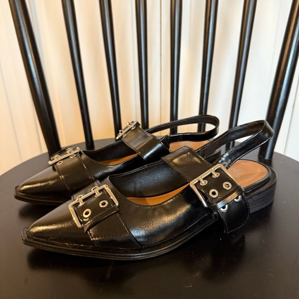 Wild Fable Peyton double buckle black point toe sling back flats size 6 - Picture 5 of 9
